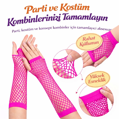 80’ler 90’lar Retro Neon Fuşya Şeker Pembesi File Parmaksız Eldiven 26 Cm