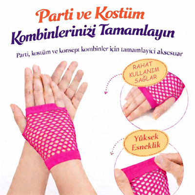 80’ler 90’lar Retro Neon Fuşya Şeker Pembesi File Parmaksız Kısa Eldiven 11 Cm