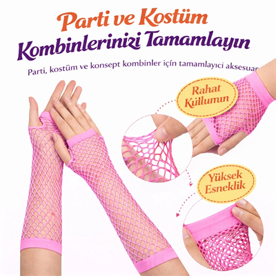 80’ler 90’lar Retro Neon Pembe File Parmaksız Eldiven 26 cm