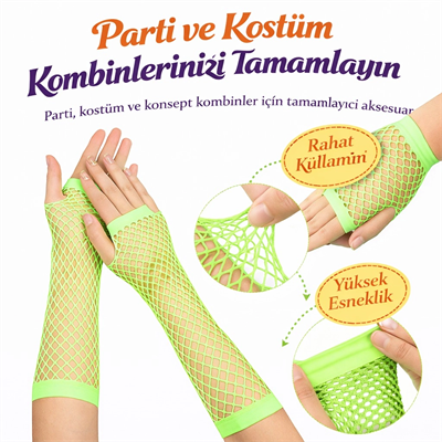 80’ler 90’lar Retro Neon Yeşil File Parmaksız Eldiven 26 Cm