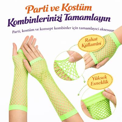 80’ler 90’lar Retro Neon Yeşil File Parmaksız Eldiven 26 cm (3936)