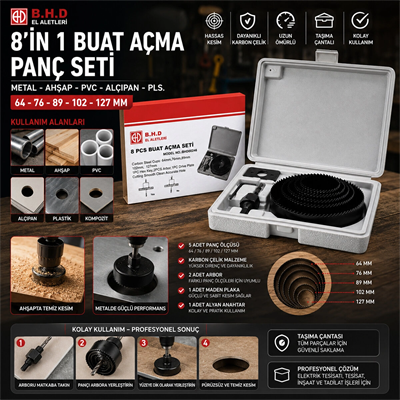 8in1 Buat Açma Panç Seti Metal - Ahşap - Pvc - Alçıpan - Pls. 64-73-89-102-127mm Ktx-3243 Bx40