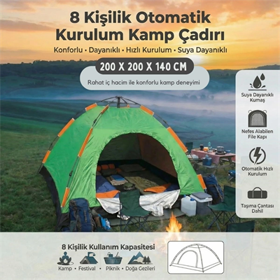 8 kişilik Otomatik Kurulum Kamp Çadırı – Outdoor , Suya Dayanıklı Hızlı Kurulum Piknik Ve Doğa İçin Geniş Aile Çadırı 250x250x165 Cm Bx40