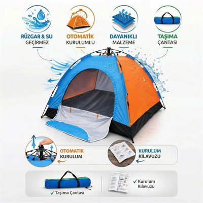 8 kişilik Otomatik Kurulum Kamp Çadırı – Outdoor , Suya Dayanıklı Hızlı Kurulum Piknik Ve Doğa İçin Geniş Aile Çadırı 250x250x165 Cm Bx40