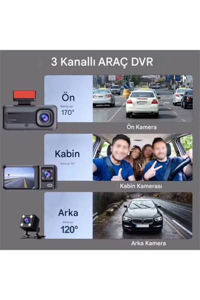A-98 WiFi Full HD 3 Kameralı Araç İçi Güvenlik Kamerası + Park Modu Kablosu Ön-Arka-İç Kayıt,DashCam