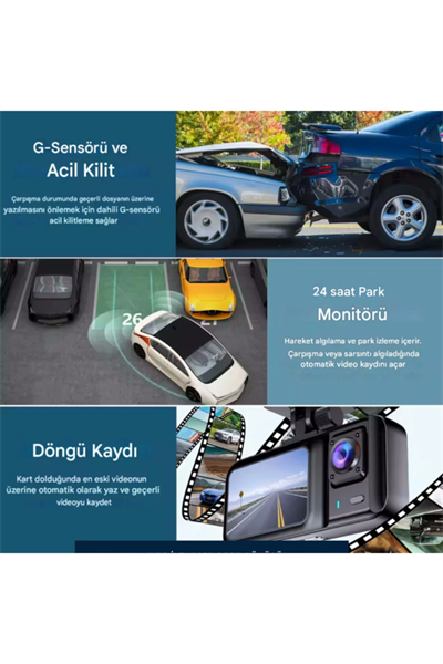 A-98 WiFi Full HD 3 Kameralı Araç İçi Güvenlik Kamerası + Park Modu Kablosu Ön-Arka-İç Kayıt,DashCam