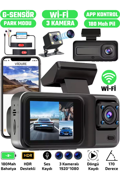 A-98 WiFi Full HD 3 Kameralı Araç İçi Güvenlik Kamerası + Park Modu Kablosu Ön-Arka-İç Kayıt,DashCam