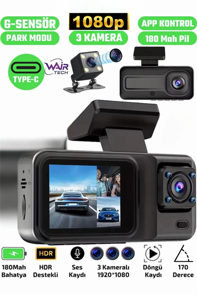 A98 Full Hd 3 Kameralı Araç Içi Güvenlik Kamerası 64gb Uyumlu Ir Gece Görüşü, Ön-arka-iç Kayıt