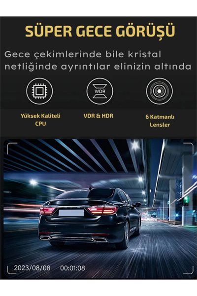 A98 Full Hd 3 Kameralı Araç Içi Güvenlik Kamerası 64gb Uyumlu Ir Gece Görüşü, Ön-arka-iç Kayıt