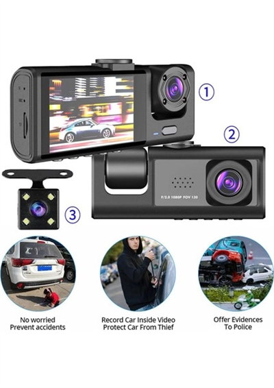 A98 Tipi WiFi Full HD 3 Kameralı Araç İçi Güvenlik Kamerası Gece Görüşlü G Sensörlü