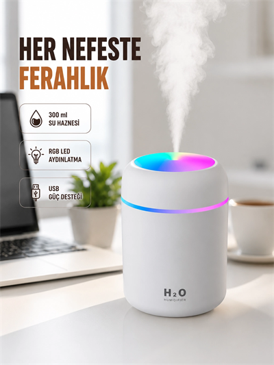ABS Gövdeli 300ml USB Nemlendirici – Beyaz, Gri, Pembe Renk