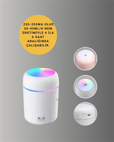 ABS Gövdeli 300ml USB Nemlendirici – Beyaz, Gri, Pembe Renk