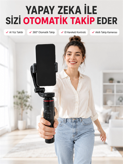 AI Yüz Takip Özellikli Gimbal Selfie Stick 360° Dönebilen Telefon Tutucu Uzayabilir Bluetooth Kumandalı