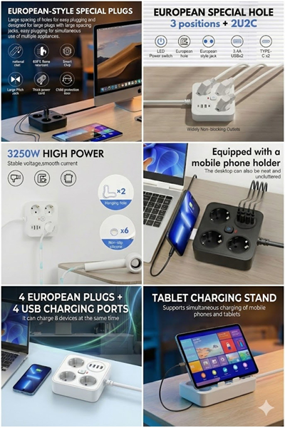 AKIM KORUMALI Avrupa Soket Kartı Tip-C Usb 2 m Uzatma Kablosu Emniyet Anahtarı ile