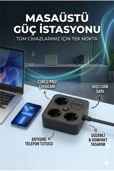 AKIM KORUMALI Avrupa Soket Kartı Tip-C Usb 2 m Uzatma Kablosu Emniyet Anahtarı ile