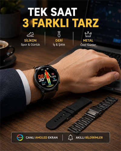 AMOLED Ekranlı Akıllı Saat – 3 Kordon Seçenekli, Suya Dayanıklı, Kalp Atış ve Uyku Takip Özellikli