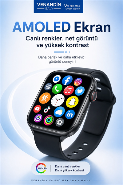 AMOLED Ekranlı Kablosuz Şarj Destekli Akıllı Saat Spor Modlu Bluetooth Uyumlu