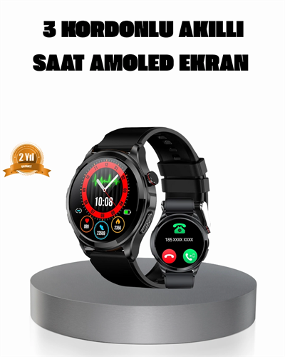 AMOLED Ekranlı Smartwatch – 3 Kordonlu, Kalp Atış & Uyku Takipli Akıllı Saat