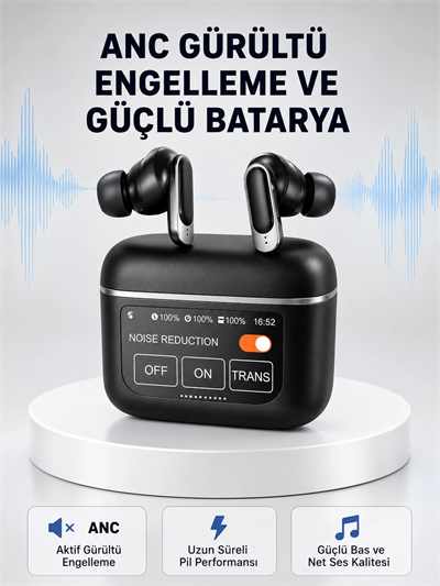 ANC Teknolojili Kablosuz Bluetooth Kulaklık – Dokunmatik, Dijital Göstergeli, Yüksek Ses Kalitesi