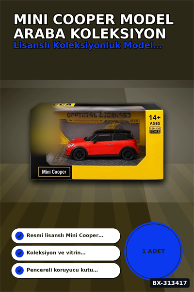 Açık Kırmızı 1/32 Mini Cooper Model Araba Koleksiyonluk Vitrin Oyuncak - Tekli BX-313417
