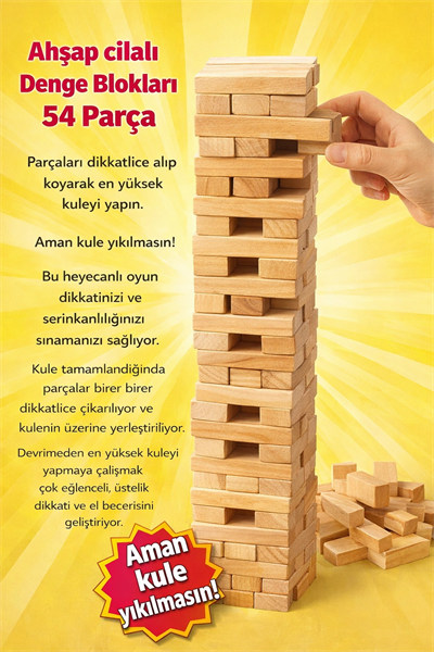 Ahşap Cilalı Denge Blokları 54 Parça – Eğitici ve Eğlenceli Çocuk Oyunu