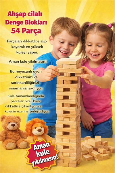 Ahşap Cilalı Denge Blokları 54 Parça – Eğitici ve Eğlenceli Çocuk Oyunu