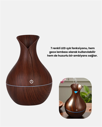Ahşap Desenli Aromaterapi Difüzör 130 ml Ultrasonik ve 7 Renk LED Işıklı