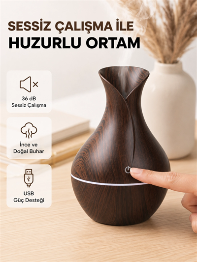 Ahşap Desenli Aromaterapi Difüzör 130 ml Ultrasonik ve 7 Renk LED Işıklı