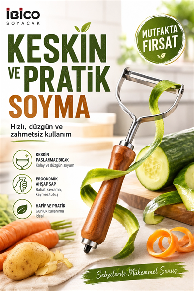 Ahşap Görünümlü Saplı Metal Sebze Meyve Soyacağı Dayanıklı Mutfak Yardımcısı