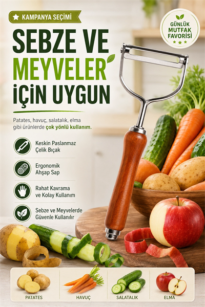 Ahşap Görünümlü Saplı Metal Sebze Meyve Soyacağı Dayanıklı Mutfak Yardımcısı