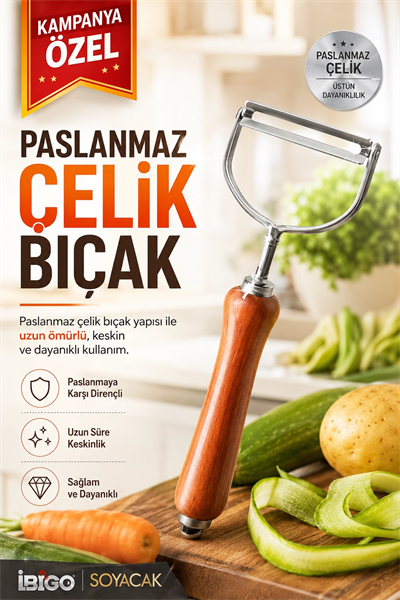 Ahşap Görünümlü Saplı Metal Sebze Meyve Soyacağı Dayanıklı Mutfak Yardımcısı