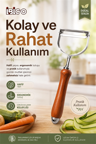 Ahşap Görünümlü Saplı Metal Sebze Meyve Soyacağı Dayanıklı Mutfak Yardımcısı