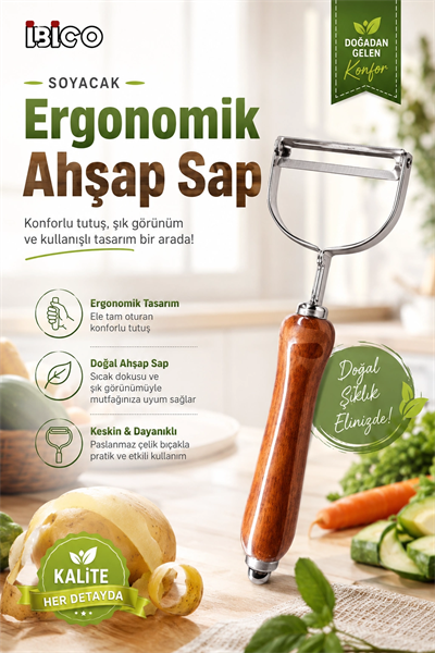 Ahşap Görünümlü Saplı Metal Sebze Meyve Soyacağı Dayanıklı Mutfak Yardımcısı