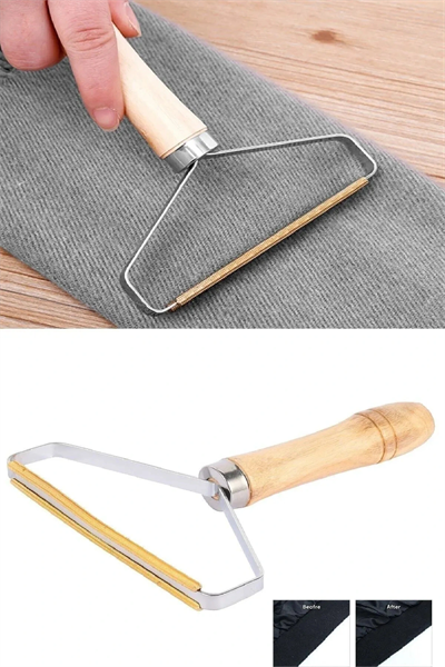 Ahşap Saplı Metal Kazak - Elbise - Halı Tüyü Temizleme Çift Taraflı Tüy Tiftik Toparlayıcı