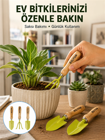 Ahşap Saplı Mini Bahçe El Aleti Seti Saksı ve Çiçek Bakım Seti