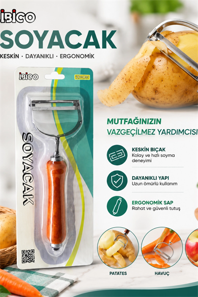 Ahşap Saplı Tek Başlıklı Metal Sebze ve Meyve Soyacağı Ergonomik Mutfak Aparatı