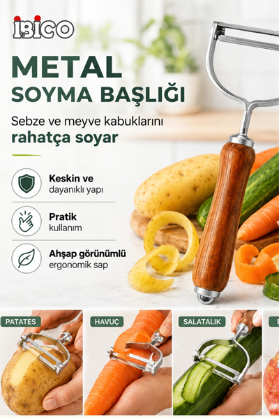 Ahşap Saplı Tek Başlıklı Metal Sebze ve Meyve Soyacağı Ergonomik Mutfak Aparatı
