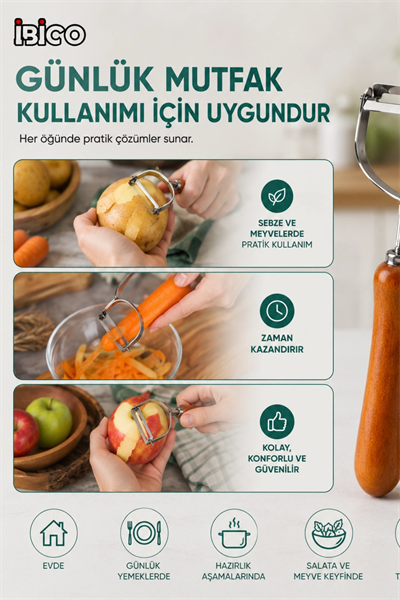 Ahşap Saplı Tek Başlıklı Metal Sebze ve Meyve Soyacağı Ergonomik Mutfak Aparatı