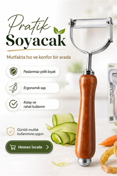 Ahşap Saplı Tek Başlıklı Metal Sebze ve Meyve Soyacağı Ergonomik Mutfak Aparatı
