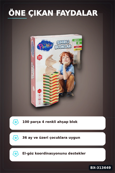 Ahşap Sihirli Bloklar 100 Parça Eğitici Oyuncak Kutusu - 36 Ay+ Çocuk Gelişim Seti BX-313649
