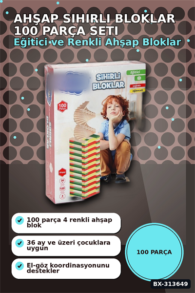 Ahşap Sihirli Bloklar 100 Parça Eğitici Oyuncak Kutusu - 36 Ay+ Çocuk Gelişim Seti BX-313649