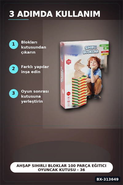 Ahşap Sihirli Bloklar 100 Parça Eğitici Oyuncak Kutusu - 36 Ay+ Çocuk Gelişim Seti BX-313649