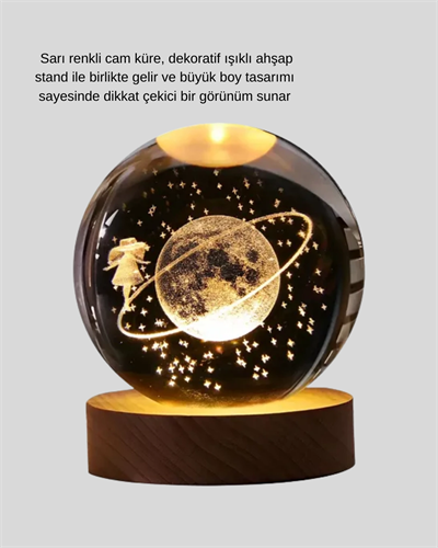 Ahşap Standlı Sarı Işıklı Dekoratif Küre Kız Figürü Tasarım