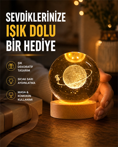 Ahşap Standlı Sarı Işıklı Dekoratif Küre Kız Figürü Tasarım