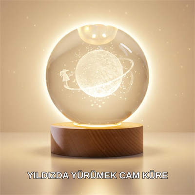 Ahşap Standlı Sarı Işıklı Dekoratif Küre Kız Figürü Tasarım