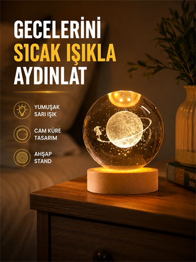 Ahşap Standlı Sarı Işıklı Dekoratif Küre Kız Figürü Tasarım