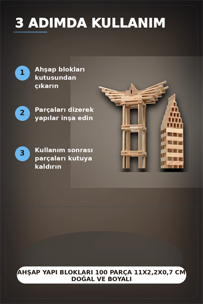 Ahşap Yapı Blokları 100 Parça 11x2,2x0,7 cm Doğal ve Boyalı Çocuk Gelişim BX-313414