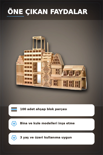 Ahşap Yapı Blokları 100 Parça 11x2,2x0,7 cm Doğal ve Boyalı Çocuk Gelişim BX-313414