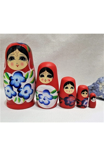 Ahşap kırmızı 5 parçalı modern matruşka bebek dekoratif obje tek ebat - Ev & Mobilya