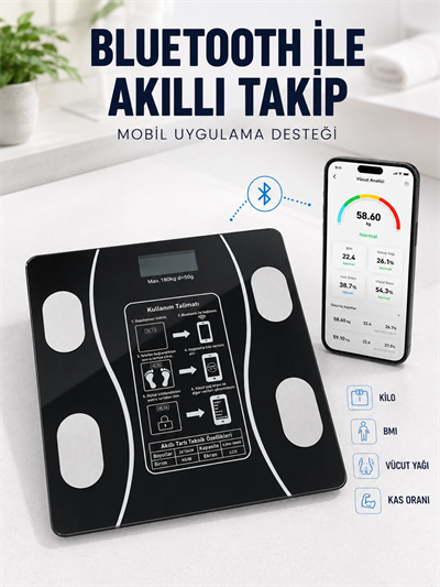 Akıllı Cam Baskül Bluetooth Mobil Uygulamalı Vücut Analiz Tartısı 180 Kg LCD Ekran